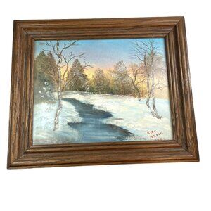 Vintage oil Painting Winter Scene u Woods River Stream Landscape Signed Rose Jen